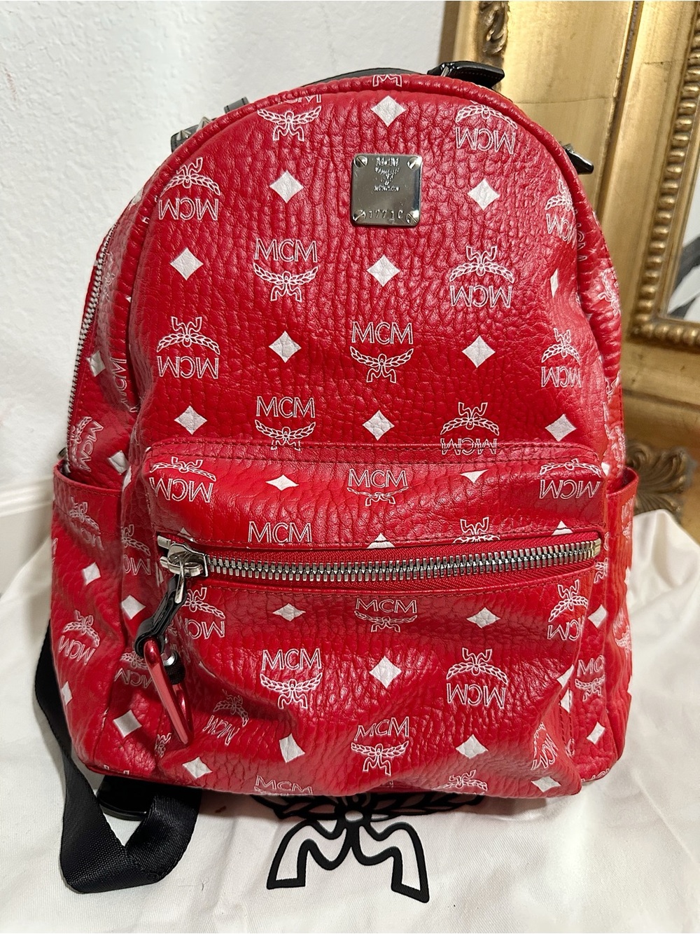 Worn Once MCM Stark Backpack in White Visetos Viva Red Stud